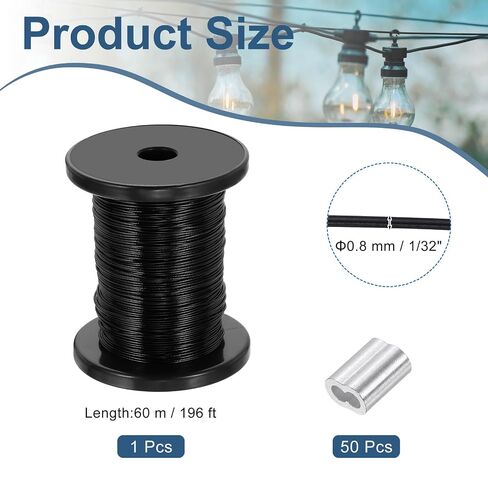 PATIKIL 1/32" Wire Rope, 328 ft 304 Stainless Steel Bright Aircraft Cable Wire Rope Vinyl Coated with 100pcs Crimping Sleeves for Hanging Lights Clotheslines Trellis, Silver in Kuwait