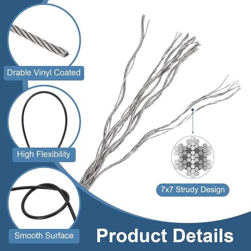PATIKIL 1/32" Wire Rope, 328 ft 304 Stainless Steel Bright Aircraft Cable Wire Rope Vinyl Coated with 100pcs Crimping Sleeves for Hanging Lights Clotheslines Trellis, Silver in Kuwait