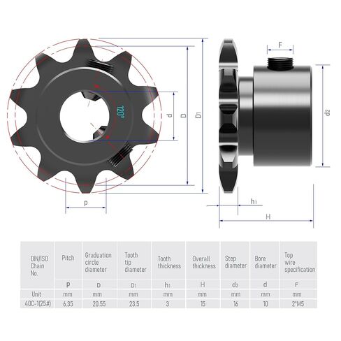 10 Tooth Roller Chain Sprocket B Type Hardened Teeth, 25 Chain Sigle Strand 1/4-Inch Pitch, 10mm Bore Black Oxide C45 Carbon Steel with Fasten Screws for 04C Chain in Kuwait