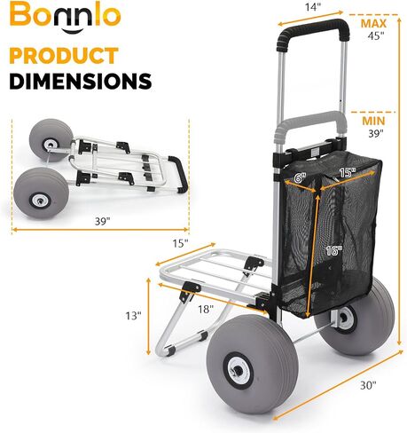 Bonnlo Beach Cart with 11" Balloon Wheels, 220 LBS Heavy Duty Beach Dolly with Big Wheels for Sand, Foldable Utility Sand Wagon with Adjustable Handle & Mesh Bag for Camping & Fishing in Kuwait