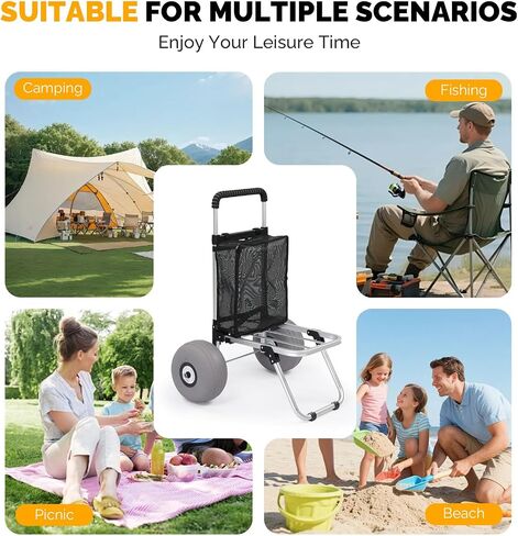 Bonnlo Beach Cart with 11" Balloon Wheels, 220 LBS Heavy Duty Beach Dolly with Big Wheels for Sand, Foldable Utility Sand Wagon with Adjustable Handle & Mesh Bag for Camping & Fishing in Kuwait
