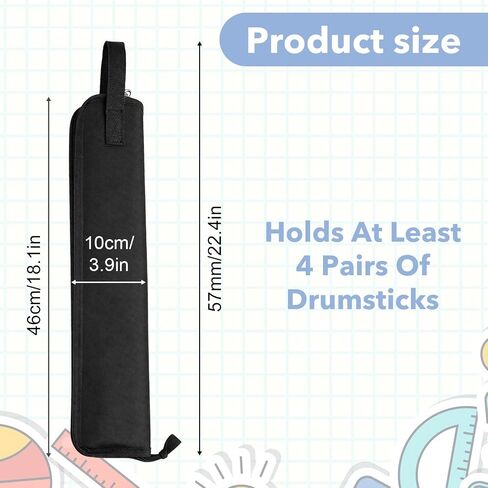 Portable Drumstick Bag, Lightweight Stick Bag for Drum Set Mallets, Drums Stick Holder Case, Small Storage Case With Hooks Inside for Drums Set Mallet and Percussion Sticks, 18.5" Nylon Black in Kuwait