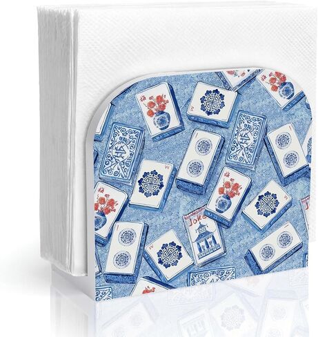 حامل مناديل خشبي أزرق من Chinoiserie Mahjong، هدايا لمحبي لاعبي Mahjong، موزع مناديل خشبي واقف لطاولة المنزل والمطبخ وغرفة الطعام والحفلات وديكورات الصالة in Kuwait