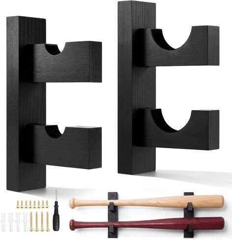 Threehoney 2 Deck Mini Baseball Bat Display Wall Mount Rack Wooden Baseball Bat Holder Horizontal Hanger Stand with Protective Liner for Softball Sport Memorabilia Collectible Souvenir, Black, 4 Inch in Kuwait