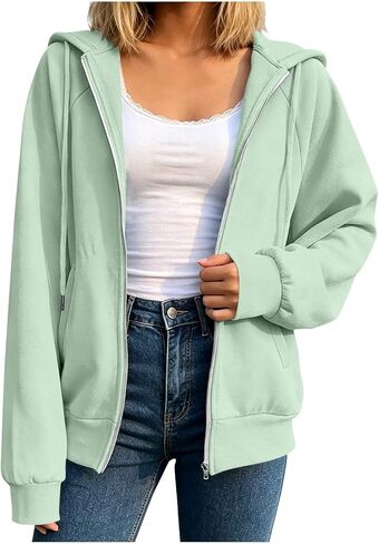 Women Fashion Zip Up Sweatshirt Hoodies Casual Fall Y2k Long Sleeve Coats Solid Color Loose Jacket with Pockets in Saudi Arabia