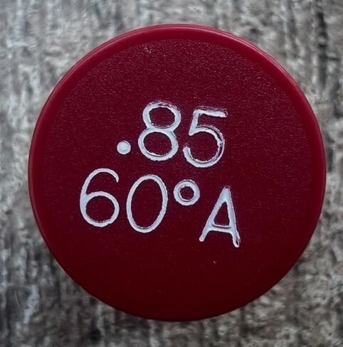 Oil Burner Nozzle, .85 60 A, Hollow Spray Red Cap .85 60A Oil Nozzle .85 Gallons per minute with a hollow 60 degree Spray in Kuwait