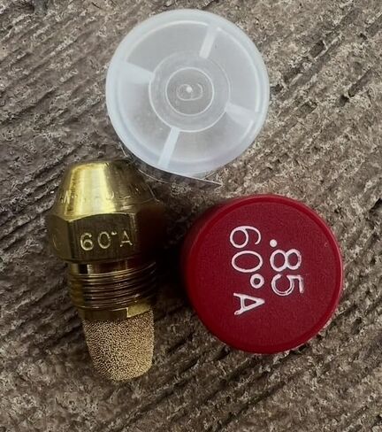 Oil Burner Nozzle, .85 60 A, Hollow Spray Red Cap .85 60A Oil Nozzle .85 Gallons per minute with a hollow 60 degree Spray in Kuwait