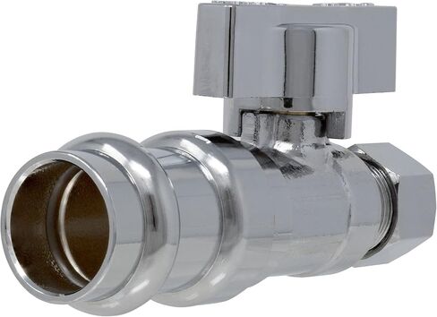 صمام إيقاف مستقيم للضغط 1/4 بوصة، ضغط 1/2 بوصة × 3/8 بوصة ضغط OD Miiflex صمام إغلاق ربع نحاسي مطلي بالكروم شديد التحمل مع حلقة وجوز للاستخدام السكني/التجاري المتوافق مع ProPress in Kuwait