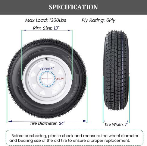 مجموعة من 2 إطارات مقطورة ومجموعة عجلات ST175/80D13، 6 طبقات شديدة التحمل، حافة 13 بوصة، 5 عروة على 4.5 بوصة PCD، تجويف مركزي 3.99 بوصة، أقصى حمل 1360 رطل للقارب أو المرافق أو مقطورة العشب in Kuwait