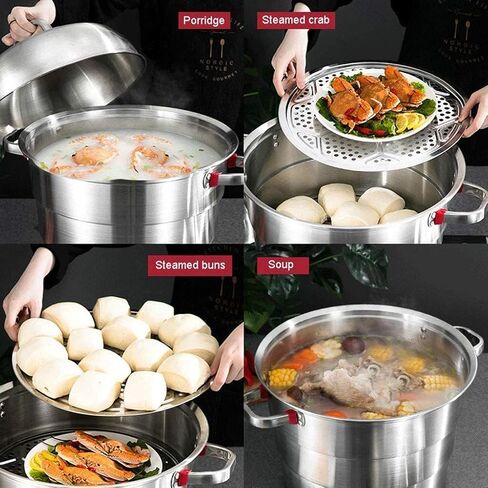 WANGLIN 3-Tier Stainless Steel Steamer Pot Multi-Layer Boiler Pot with Tempered Glass Lid, Cookware Pot with 2 Steaming, in Kuwait