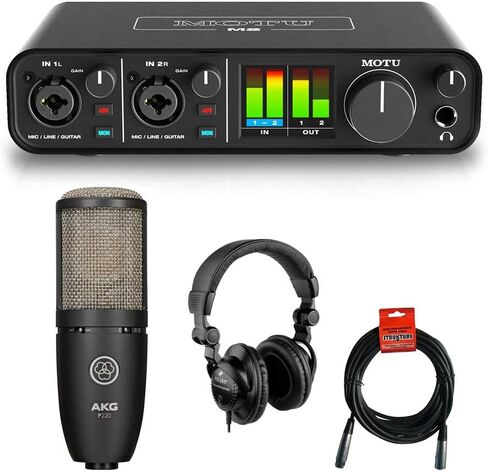 واجهة صوت Motu M2 2x2 USB مع ميكروفون مكثف AKG Project Studio P220، وسماعات الرأس HPC-A30 Studio Monitor وحزمة كابل XLR in Kuwait