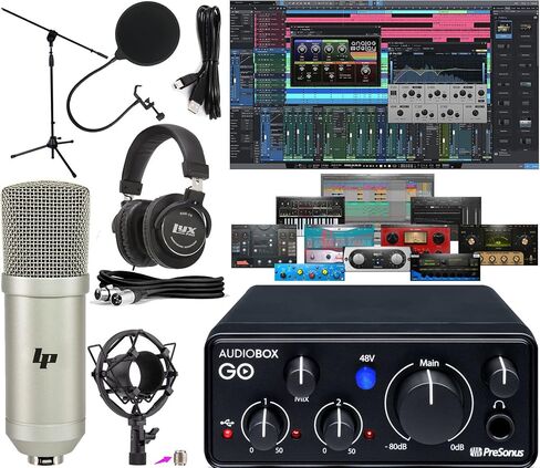 PreSonus AudioBox GO USB-C Recording Bundle with Condenser Microphone Studio Headphones Boom Stand Pop Filter XLR Cable and Studio One Music Production Software in Kuwait