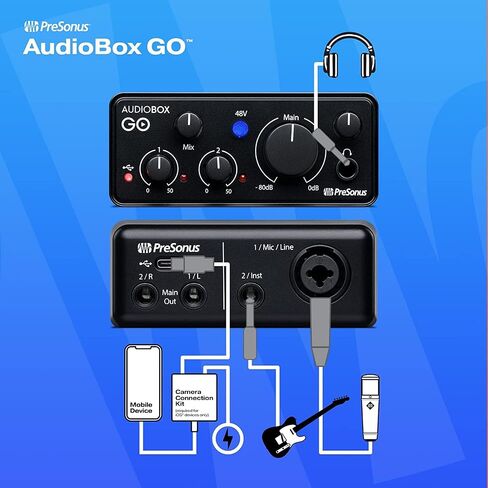PreSonus AudioBox GO USB-C Recording Bundle with Condenser Microphone Studio Headphones Boom Stand Pop Filter XLR Cable and Studio One Music Production Software in Kuwait