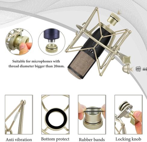 GEEKRIA for Creators Microphone Shock Mount Compatible with AKG P120, P220, Perception 220 P420, P820, P8207, Mic Anti-Vibration Suspension Adapter Clamp Mic Holder Clip (Champagne/Metal) in Kuwait