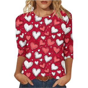 Valentine Shirts for Women Cute Heart Graphic 3/4 Sleeve Tops Casual Love Print Crewneck Blouse Party Holiday Tees in Saudi Arabia