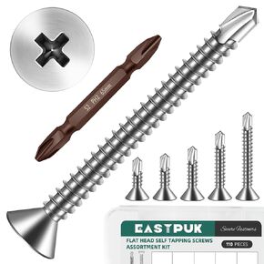 110pcs #8 Sheet Metal Self Tapping Screws Assortment Kit, 410 Stainless Steel Flat Head High-Strength Fast Self-Drilling Screws, Bright Finish in Saudi Arabia