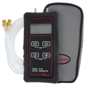 Dwyer® Handheld Digital Manometer, 477AV-3-BK, 0-200" WC, Air Velocity/Flow Mode, with Boot Kit, Hose Barb Adapters, Clear Vinyl Tubing, and Carrying Case in Kuwait
