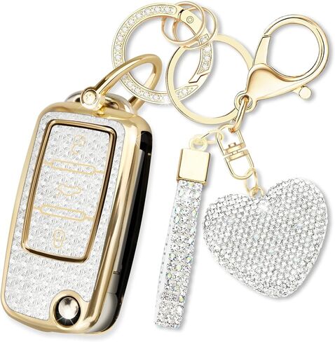 for VW Key Fob Cover with Heart Keychain, Car Key Shell for Women, Compatible with Volkswagen Jetta Golf Polo MK6 Passat Tiguan Beetle Smart Remote Key Protector (3 Buttons-Pink) in Saudi Arabia