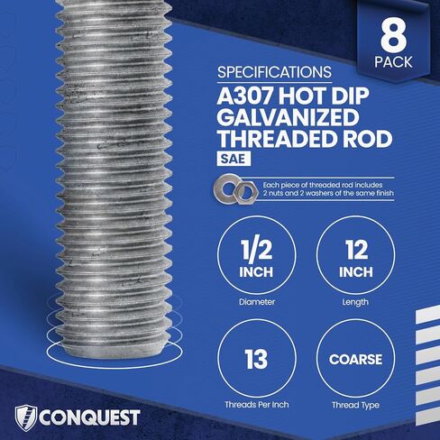 Conquest A307 قضيب ملولب مجلفن بالغمس الساخن 1/2 بوصة - 13 × 12 بوصة (8 عبوات) - قضبان ذات خيوط خشنة - تم تصنيعها وفقًا لمعايير ASTM A307 in Kuwait
