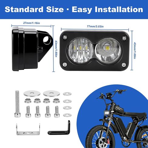 مصباح أمامي LED لـ Ridstar Q20، Ebike Light 3 Pin 20W 2000LM 6000-6500K فائق السطوع مقاوم للماء IP68 طقم ترقية التوصيل والتشغيل لركوب الليل لحماية الدراجة الإلكترونية على الطرق الوعرة in Kuwait