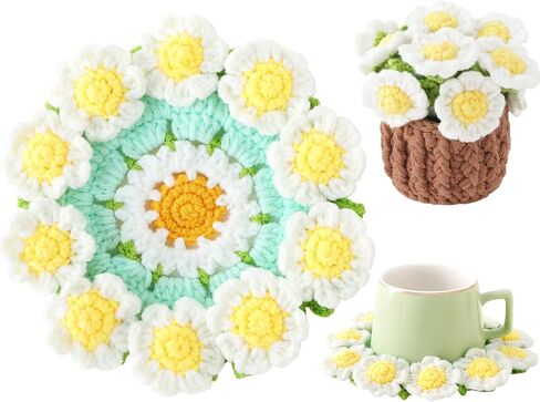 Flower Crochet Coasters, Handmade Bouquet Blanket Coaster with Crochet Plant Pot Fun Soft Decorative Drink Coasters for Coffee Tabletop Protection and Home Decor (Pink, 1Pc) in Saudi Arabia