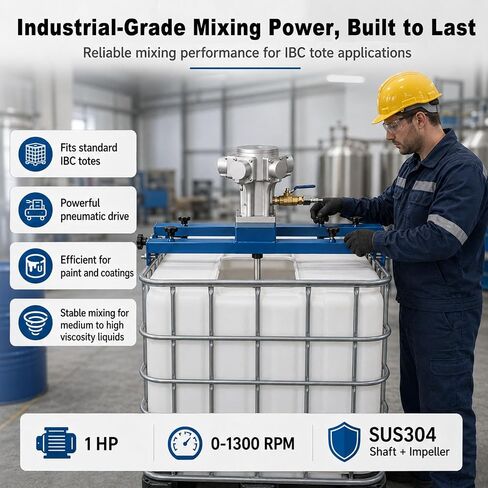 Pneumatic IBC Tote Mixer, 1 HP Air-Powered Agitator, 0-1300 RPM Industrial Mixer with 28.3-47.2 in Adjustable Crossbar, 304 Stainless Steel Shaft & 9.84 in Impeller for 1-5000 cP Material Viscosity in Kuwait