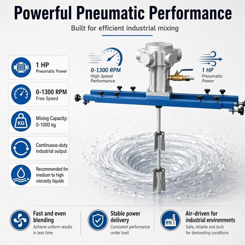 Pneumatic IBC Tote Mixer, 1 HP Air-Powered Agitator, 0-1300 RPM Industrial Mixer with 28.3-47.2 in Adjustable Crossbar, 304 Stainless Steel Shaft & 9.84 in Impeller for 1-5000 cP Material Viscosity in Kuwait