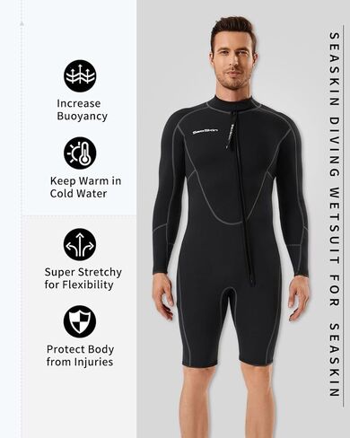Seaskin Long Sleeve Shorty Wetsuit for Mens 3mm Neoprene Front Zipper Diving Suits in Kuwait