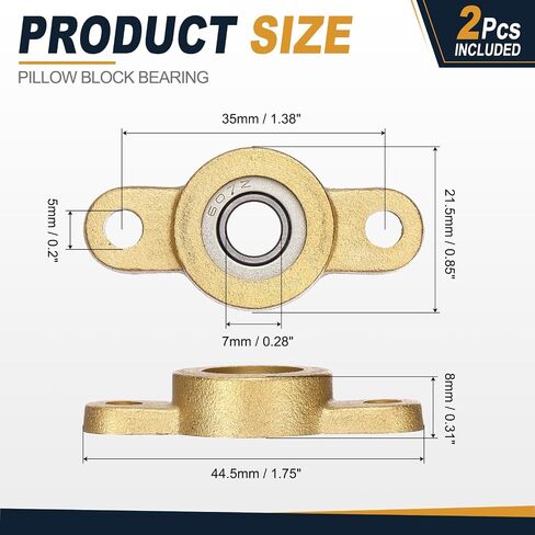 uxcell 2Pcs TF07 Pillow Block Bearings for 7mm Diameter Shaft, Self Aligning 2-Bolt Flange Bearing, Copper Housing, (ABEC 3) in Kuwait