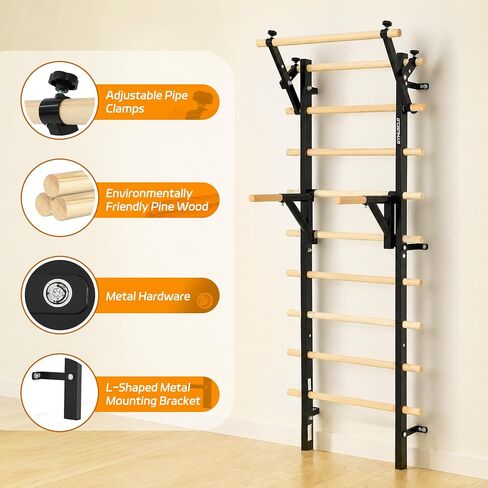 Wood Swedish Ladder Stall Bars with Adjustable Double Support Arms, Wooden Gymnastics Wall Climbing Bars for Home Gym, Exercise Rehabilitation, Hanging Pull Up & Core Balance Training Station in Kuwait