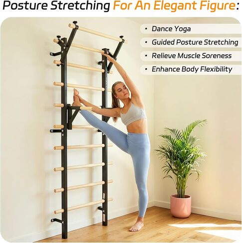 Wood Swedish Ladder Stall Bars with Adjustable Double Support Arms, Wooden Gymnastics Wall Climbing Bars for Home Gym, Exercise Rehabilitation, Hanging Pull Up & Core Balance Training Station in Kuwait