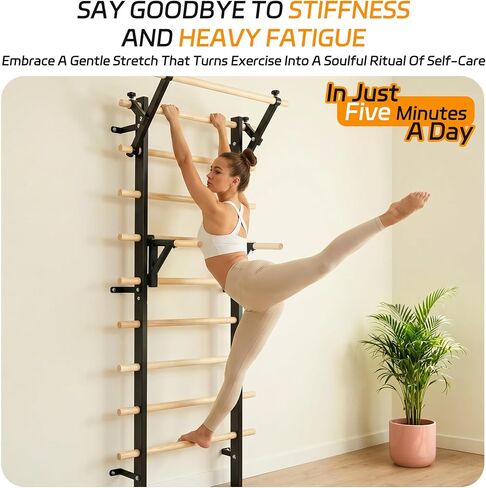 Wood Swedish Ladder Stall Bars with Adjustable Double Support Arms, Wooden Gymnastics Wall Climbing Bars for Home Gym, Exercise Rehabilitation, Hanging Pull Up & Core Balance Training Station in Kuwait