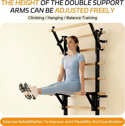 Wood Swedish Ladder Stall Bars with Adjustable Double Support Arms, Wooden Gymnastics Wall Climbing Bars for Home Gym, Exercise Rehabilitation, Hanging Pull Up & Core Balance Training Station in Kuwait
