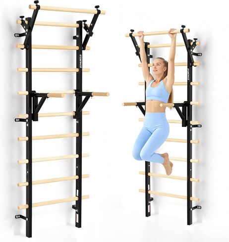 Wood Swedish Ladder Stall Bars with Adjustable Double Support Arms, Wooden Gymnastics Wall Climbing Bars for Home Gym, Exercise Rehabilitation, Hanging Pull Up & Core Balance Training Station in Kuwait