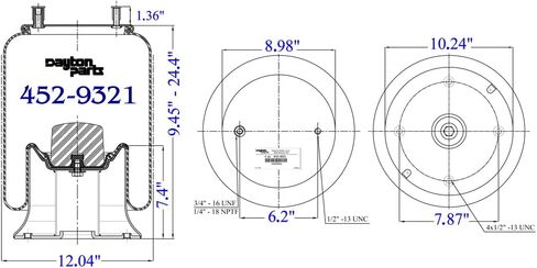 Dayton Parts 452-9321L Air Spring, Rolling Lobe, Steel Piston, 16.93" Static Height, 9" Top Plate Diameter, 10.24" Piston Diameter, Two Stud Top Plate, Four Hole Piston in Kuwait