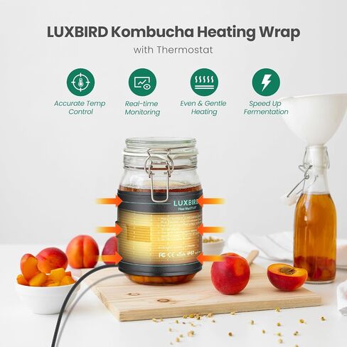 غلاف تسخين LUXBIRD Kombucha مع وحدة تحكم في درجة الحرارة، ومثبت بخطاف وحلقة، IP67 PVC مقاوم للماء، ومراقبة درجة الحرارة في الوقت الحقيقي، للأوعية الزجاجية سعة 1 إلى 2 جالون in Kuwait