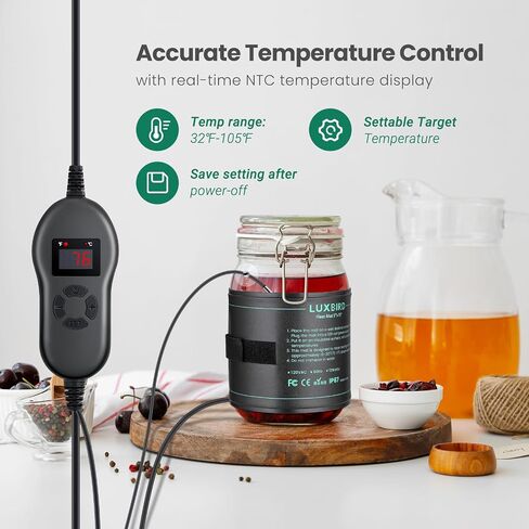 غلاف تسخين LUXBIRD Kombucha مع وحدة تحكم في درجة الحرارة، ومثبت بخطاف وحلقة، IP67 PVC مقاوم للماء، ومراقبة درجة الحرارة في الوقت الحقيقي، للأوعية الزجاجية سعة 1 إلى 2 جالون in Kuwait