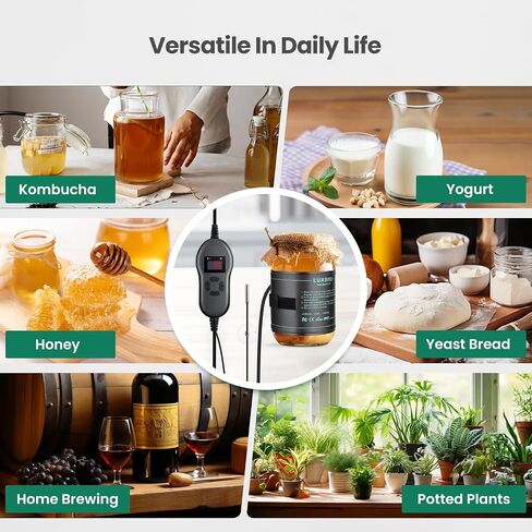 غلاف تسخين LUXBIRD Kombucha مع وحدة تحكم في درجة الحرارة، ومثبت بخطاف وحلقة، IP67 PVC مقاوم للماء، ومراقبة درجة الحرارة في الوقت الحقيقي، للأوعية الزجاجية سعة 1 إلى 2 جالون in Kuwait