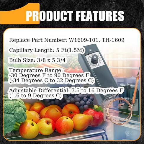 W1609-101 ترموستات للتحكم في درجة الحرارة، لمبة التبريد عن بعد TH-1609، من -30 درجة فهرنهايت إلى 90 درجة فهرنهايت، 5 أقدام شعرية (-34 درجة مئوية إلى 32 درجة مئوية) in Kuwait