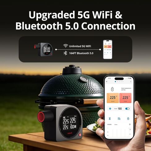 جهاز التحكم في درجة حرارة المدخن للبيض الأخضر الكبير، 5G واي فاي ومروحة شواء أوتوماتيكية بلوتوث 164FT مع شاشة LCD، 5 مجسات، مروحة شواء للطهي طوال الليل لكامادو، ويبر، شوايات الفحم الخزفية in Kuwait