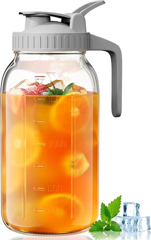 OneDream 64oz Mason Jar Pitcher, Airtight & Leakproof Glass Pitcher with Lid, Perfect for Sun Tea, Iced Tea, Cold Brew and Breastmilk, 2 Quart (1/2 Gallon) Mason Jar with Pour Spout Lid and Handle in Kuwait