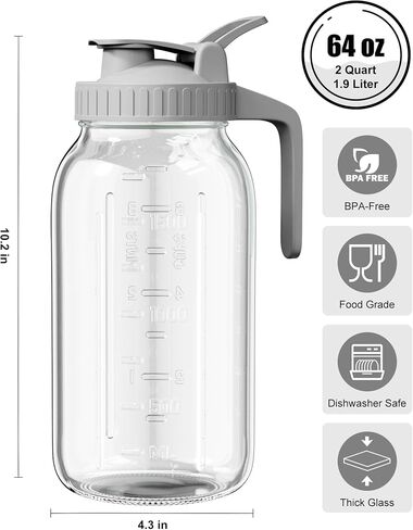 OneDream 64oz Mason Jar Pitcher, Airtight & Leakproof Glass Pitcher with Lid, Perfect for Sun Tea, Iced Tea, Cold Brew and Breastmilk, 2 Quart (1/2 Gallon) Mason Jar with Pour Spout Lid and Handle in Kuwait