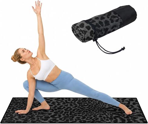 Leopard Print Non Slip Yoga Mat Towel, Moisture-Wicking Quick-Dry Hot Yoga Towel, Compact Take-Anywhere Towel with Carrying Pouch, 72 x 27 inches, for Gym, Indoor, Outdoor (Blue) in Kuwait