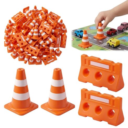 60-Piece Mini Traffic Cones, Orange Construction Set with Mini Fence Barricades, Multi-Purpose Mini Cones for Training Drills, Model Landscapes, and Traffic Safety Scenarios in Kuwait