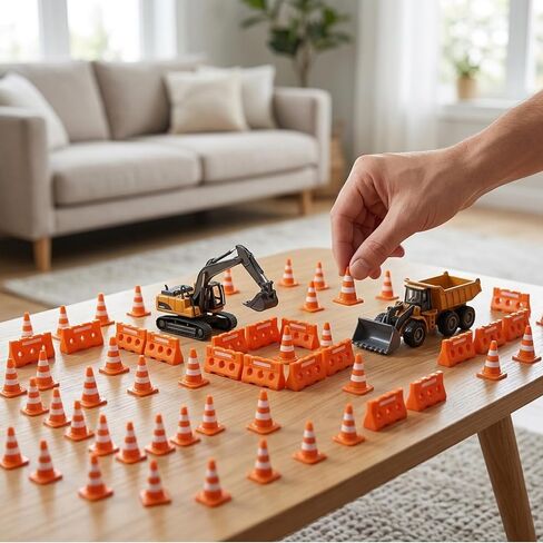 60-Piece Mini Traffic Cones, Orange Construction Set with Mini Fence Barricades, Multi-Purpose Mini Cones for Training Drills, Model Landscapes, and Traffic Safety Scenarios in Kuwait