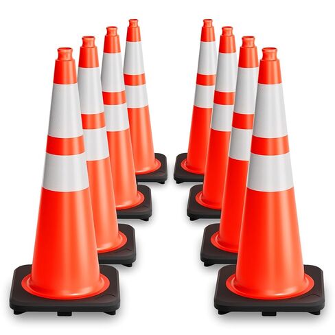 STARSIGNS Traffic Cones 28 Inch - Commercial Construction Cones for Road Safety Orange Parking Cones with Heavy Duty Base & Reflective Strips for Driveways & Event Control (8 Pack) in Kuwait