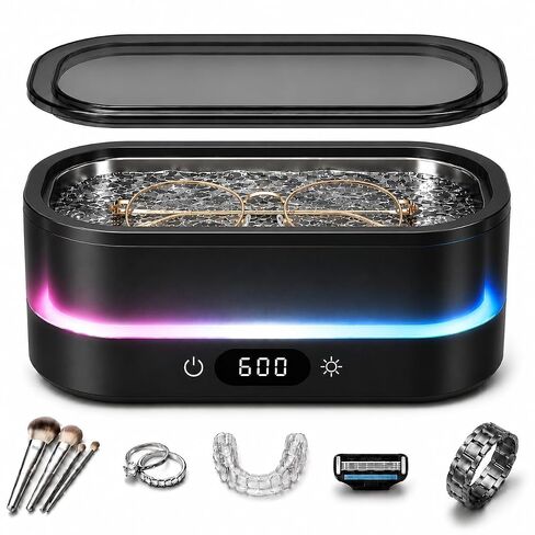 Ultrasonic Cleaner for Jewelry, Glasses & Retainers, 48kHz Sonic Cleaning Machine with LED Ambient Light, Digital Timer, Quiet Deep Cleaner for Rings, Dentures & Watches（Black） in Kuwait