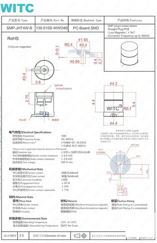 WITC SMP (GPO) موصل محوري RF ذكر DC إلى 40 جيجا هرتز 50 أوم 10 قطع PCB | ملحوم مطلي بالذهب BeCu غير مغناطيسي محدود التوصيل المستقيم ذو الإرجاع المنخفض للاختبار والقياس، المحطة الأساسية in Kuwait