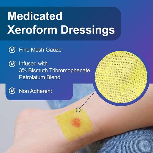 Medicated Xeroform Petrolatum Dressing 4x4 50 Pack, Fine Mesh Gauze Wound Dressing Infused with 3% Bismuth Tribromophenate in Petroleum Blend, Non Adherent Bandage for Wounds, Latex Free in Kuwait
