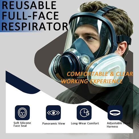 Reusable Full Face Respirator Mask, Anti-Fog Clear Lens, Anti-Paint Adhesion Safety Mask with Filters for Spray Painting, Welding, Polishing, Construction & Chemical Industrial Work in Kuwait